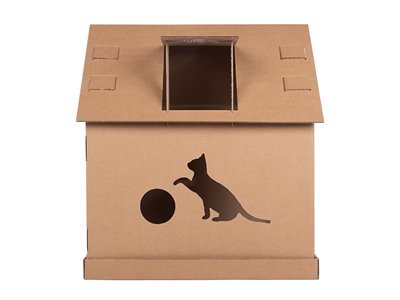Katzenhaus Scott Seitenansicht Katzenhaus Scott aus der Seitenansicht mit Dachfenster und verspieltem Katzenmotiv - Katze spielt mit Wollknäuel.