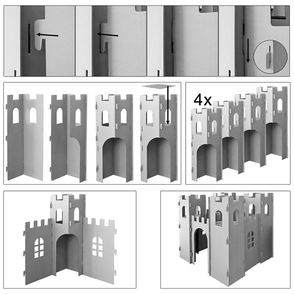 Übersicher aller Burgteile der Spielburg Übersicher aller Burgteile Kinder-Spielburg aus umweltgerechter starker Wellpappe, farbliche Selbstgestaltung mit fast allen Farben möglich, 1 Bausatz = mehr als 5 Aufbau-Möglichkeiten.